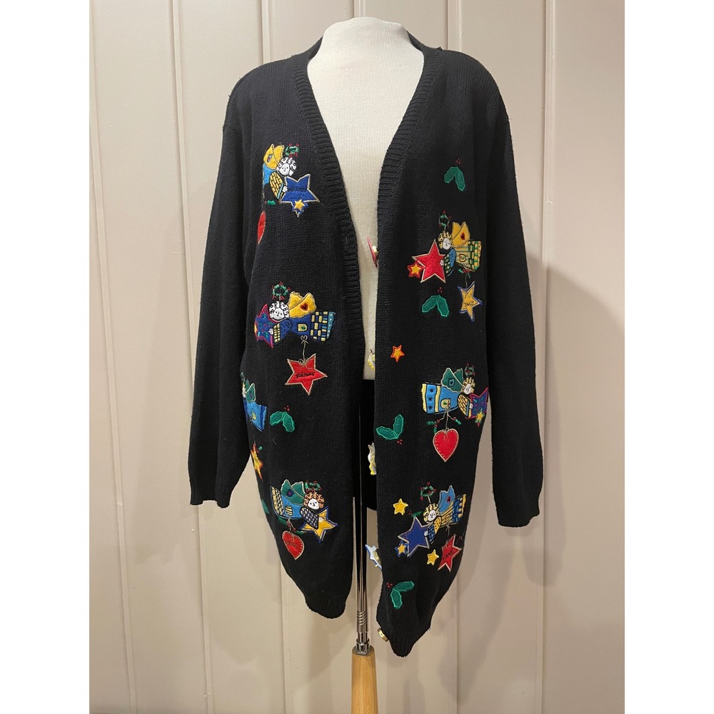 VTG‎ Quaker Factory Black Embroidered Angel Stars Cardigan Sweater 1X Holiday
